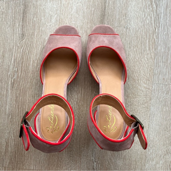 Anthropologie Liendo Seychelles Villa Wedges in Pink Suede with Red Trim size 8 - Picture 7 of 16